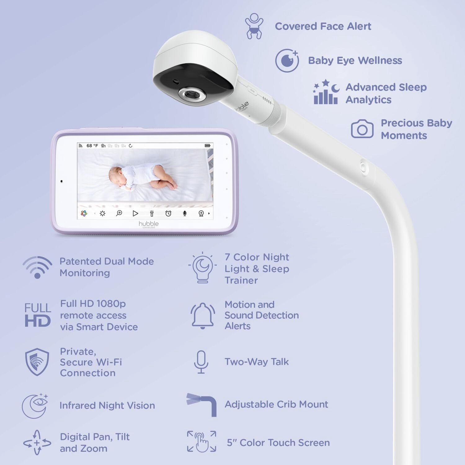 HUBBLE CONNECTED SkyVision AI-Enhanced Smart Camera Baby Monitor with Secure Connection & Crib Mount