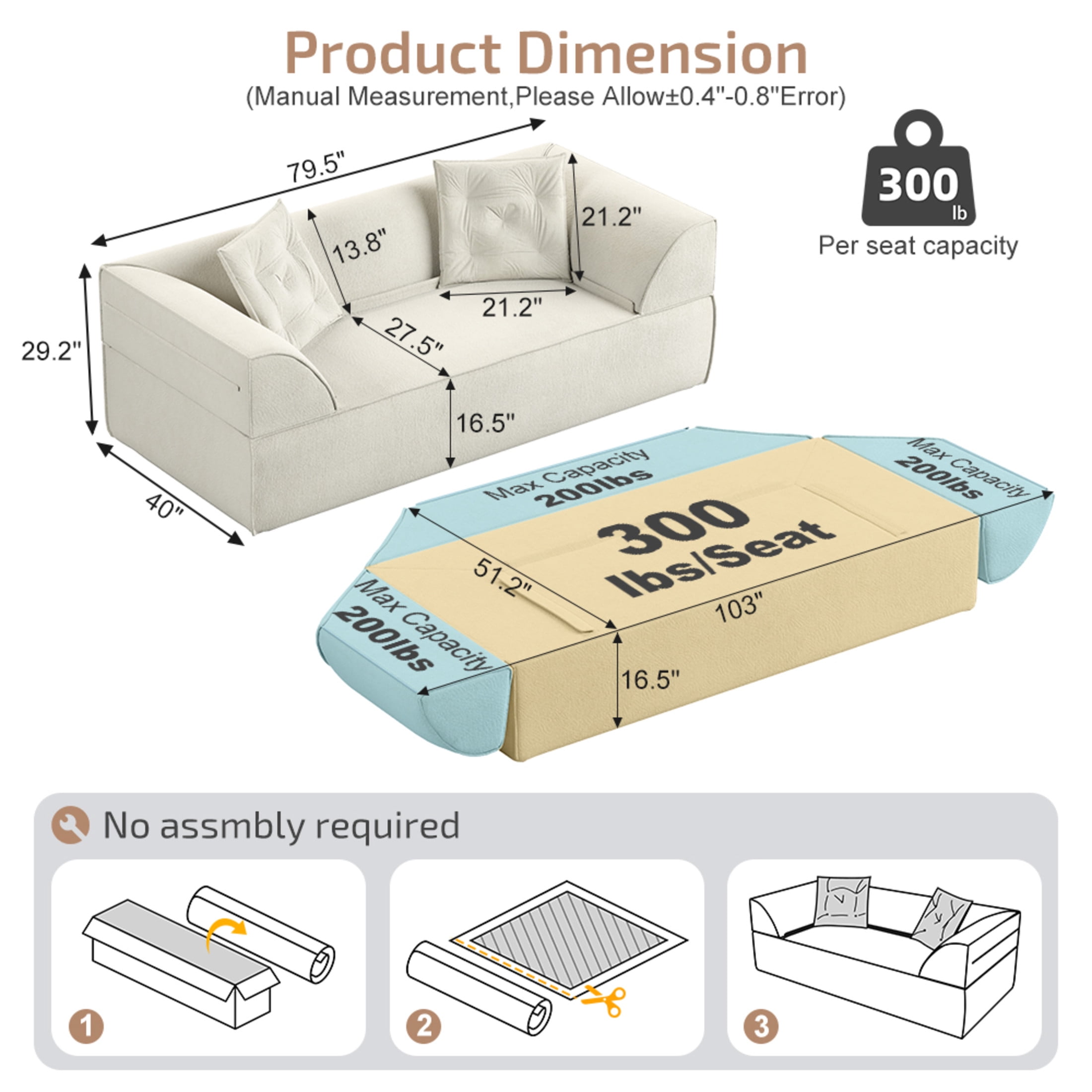 Noble House 80" 3-in-1 Convertible Sofa Bed, Sparkling Chenille Deep Seat Couch with Pillows, for Living Room, Beige