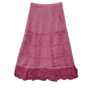 Mogul Womens Long Skirt Pink Stonewashed Embroidered Rayon Skirt
