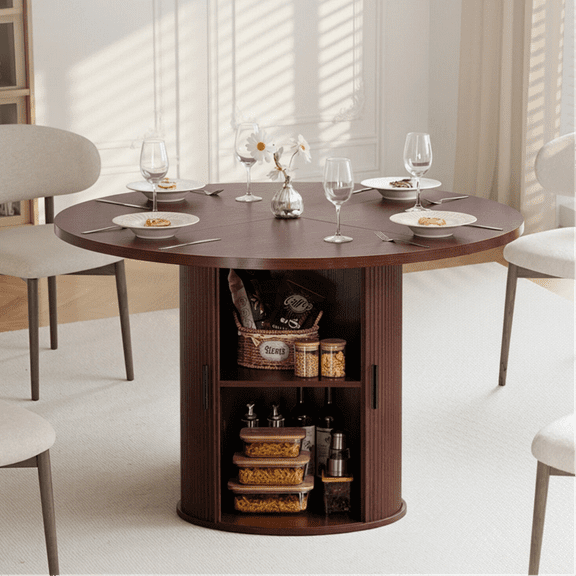 Hommpa 48" Round Dining Table with Storage, Morden Kitchen Table Wood for 4 with 2-Layer Storage Shelves and Wood Slide Door for Kitchen for Party Holiday Festival Christmas Gift, Brown