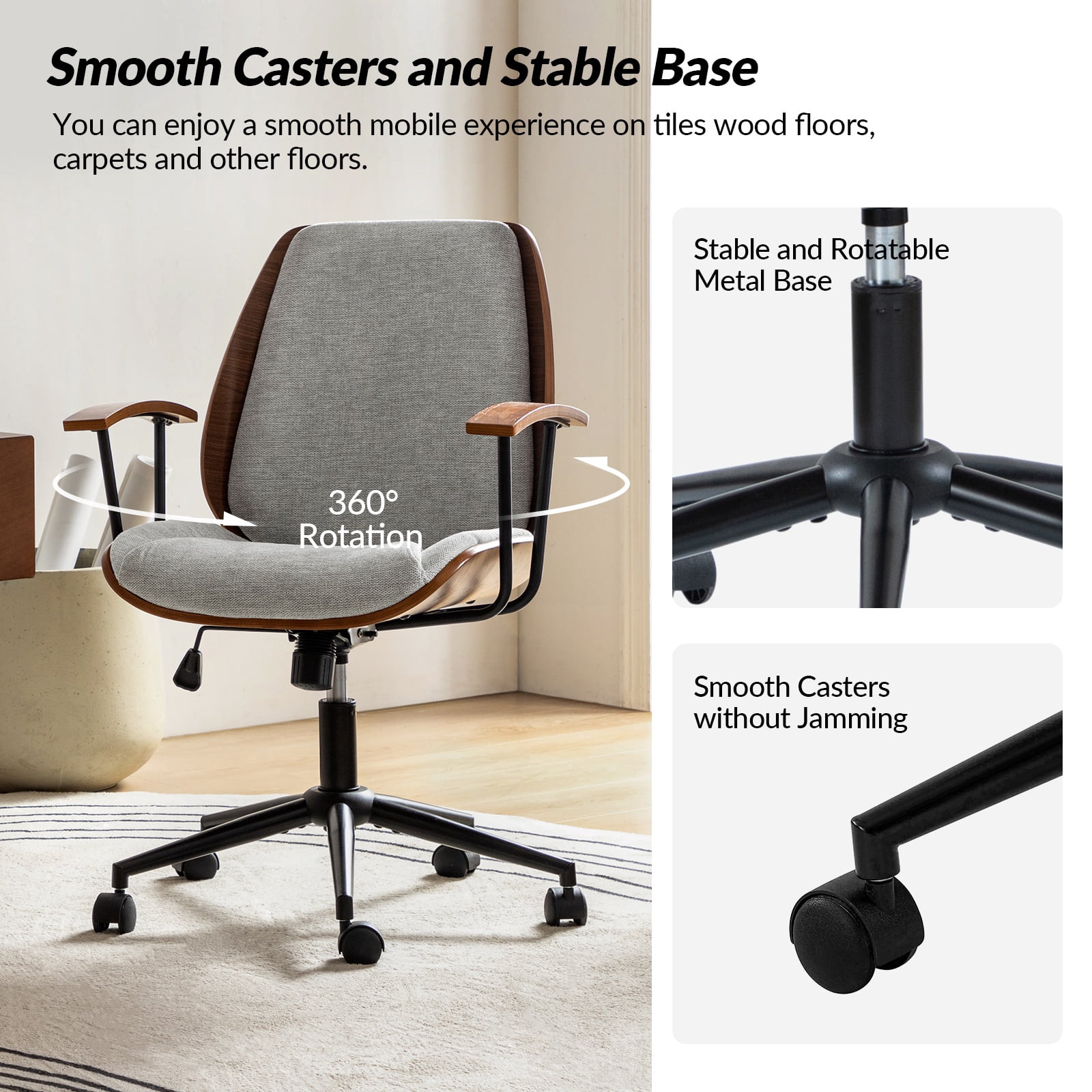 Ergonomic Adjustable Swivel Office Chair with Solid Wood Backrest and Premium Comfort Gray Cushion for Home Workplace