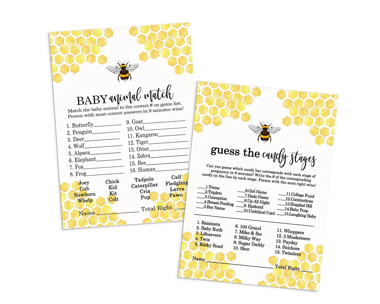 Bumblebee Baby Shower Game Card Bundle 2 in 1 Pack (25 Each) Includes Animal Matching Games - Candies Guessing Activity - Mama to Bee Yellow and Black - Double Sided Set - Paper Clever Party