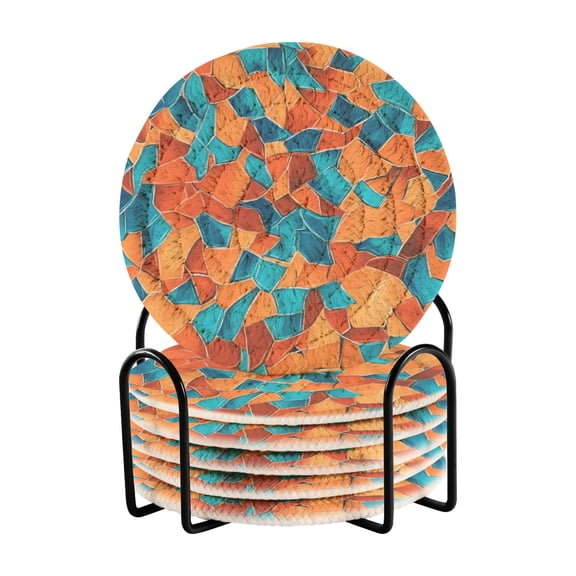 Rusty Orange and Turquoise Blue Random Drink Coasters with Holder Absorbent Coaster for Coffee Table Room Decor 6 Pack