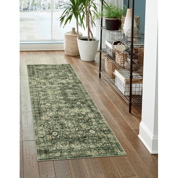 Alfombra Morebes Vintage, lavable y antideslizante, 61 x 183 cm, color verde grisáceo