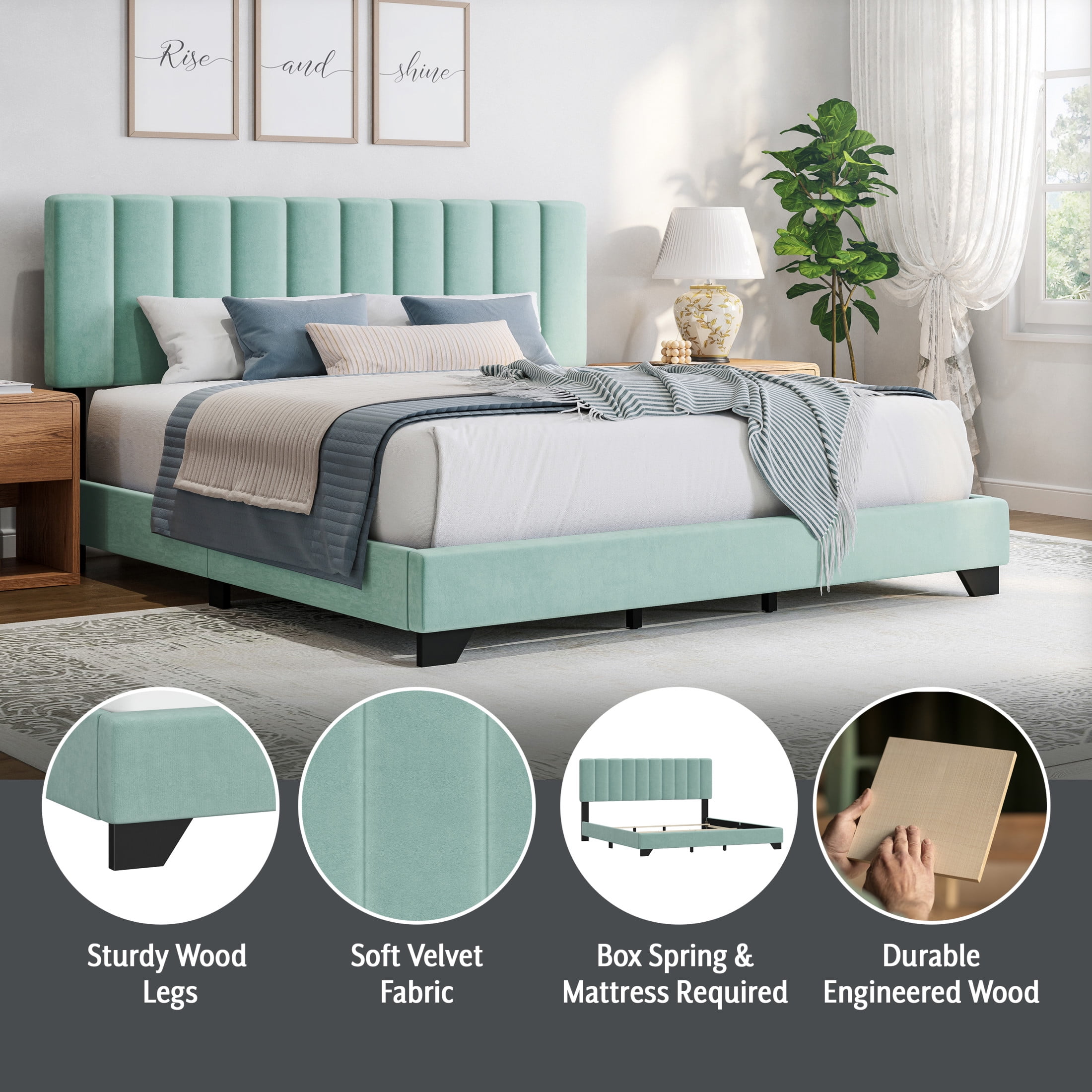 Reece Channel Stitched Upholstered King Bed, Caribbean Green, by Hillsdale Living Essentials