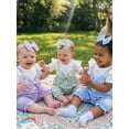 thumbnail image 5 of BemeyourBBs Infant Baby Girl Summer Clothes Floral Patchwork Romper Ruffle Short Sleeve Daisy Print Fake Two-piece Front Bow Jumpsuit with Headband, 5 of 9