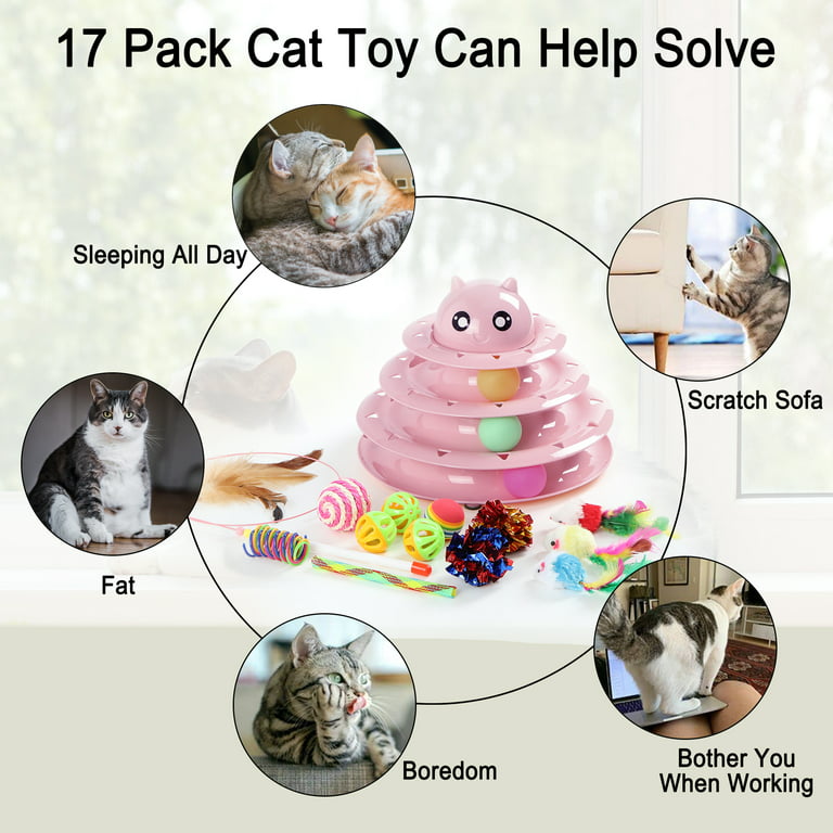 Suhaco 17 Pack Cat Toy Set Interactive Cat Toys Funny Roller Toy Exercise  Pet 3 Level Tower Toy Tease Kitty with 3 Colorful Balls Kitten Puzzle Toys  for Boredom Indoor Cats （Pink） 