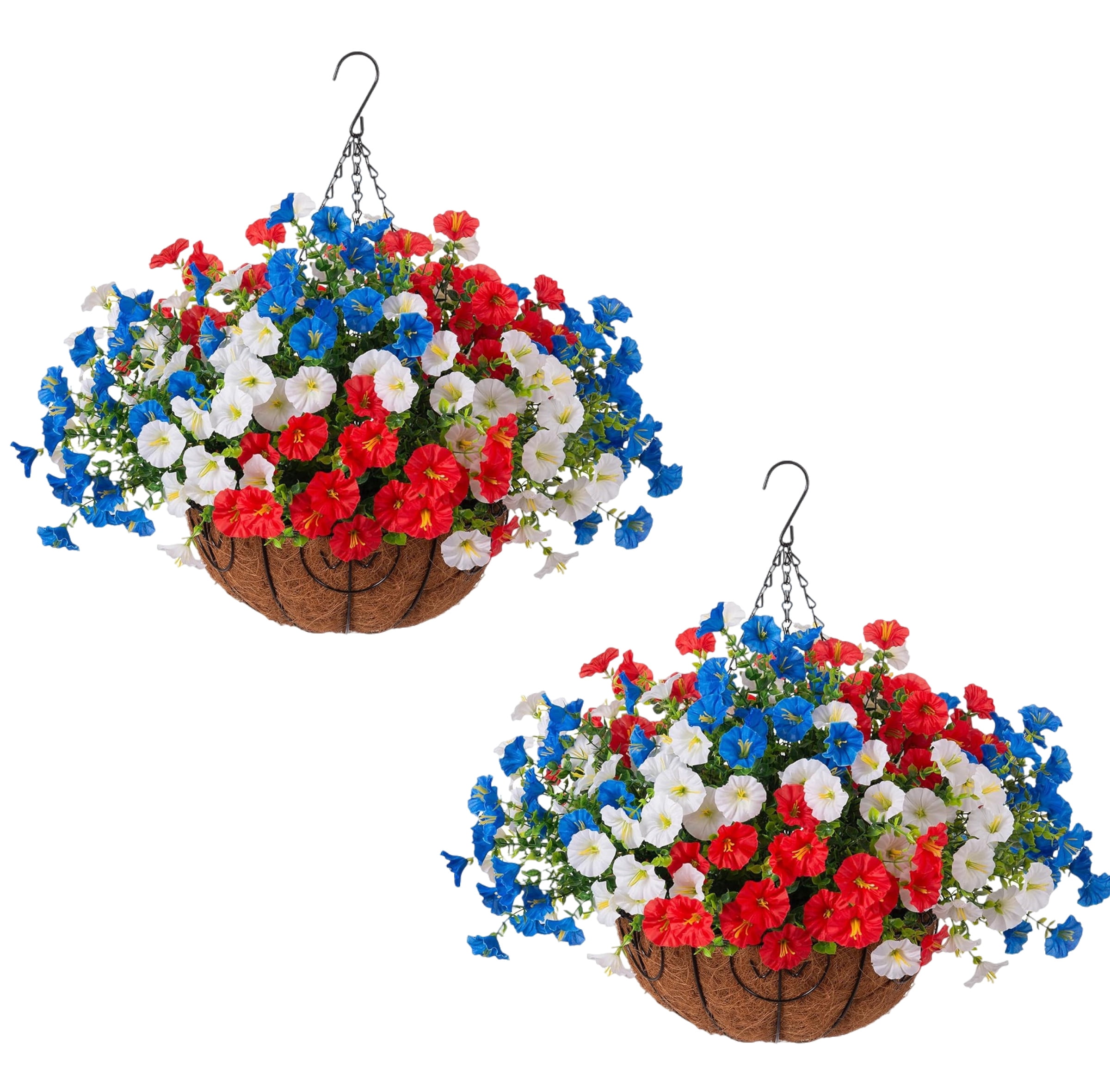 UV Resistant Artificial Flowers, Patriotic Red White Blue Faux Flowers, Outdoor Hanging Basket Decor for Porch Patio, Summer Decoration