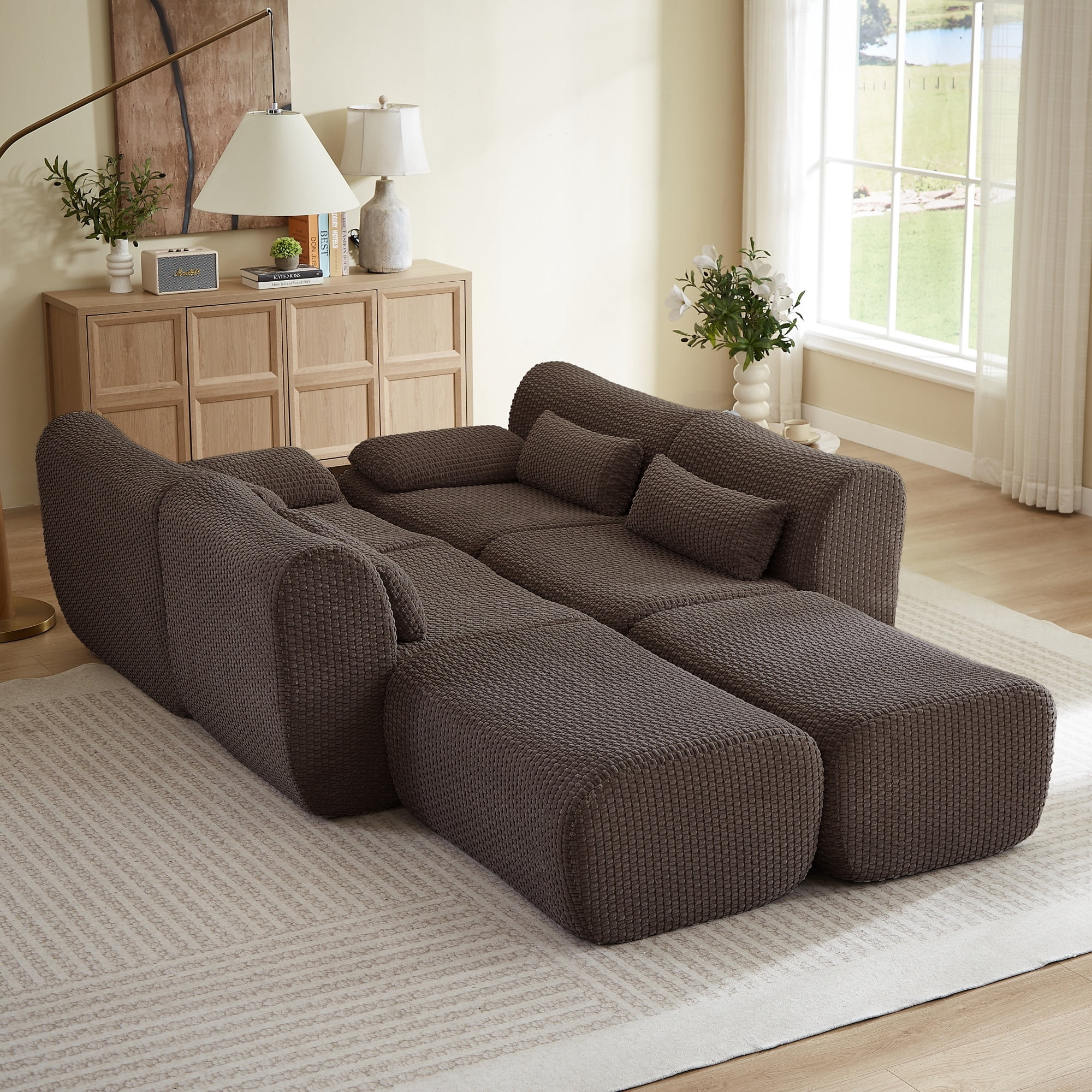 Modern U-Shaped No Assembly Floor 4-Seater Sectional Sofa, Cloud-Like Boneless Upholstered Couch with 2 Ottomans, Living Room Modular Sofa Set