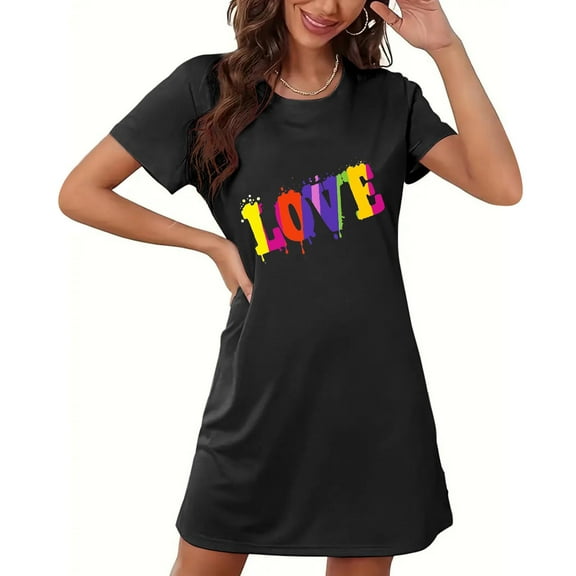 Sakmal Soft Moomoo Night dress for Women Black Short Sleepwear Short Sleeve Love Print Nightgowns for Women