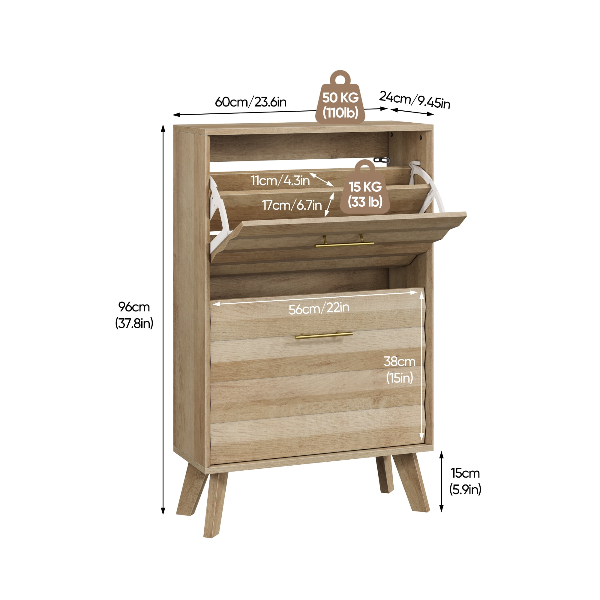 23.6 Inch Oak Slim Flip-Top Shoe Cabinet, Mid-Century Freestanding Narrow Entryway Shoe Rack with Gold Handles & Slanted Wood Legs, Large Capacity Double Tilt-Out Shoe Storage Organizer