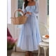 thumbnail image 4 of Vestido Bohemio Informal para Mujer, Estilo Resort, con Escote en U, Mangas Abullonadas y Corte A Azul L, 4 of 9