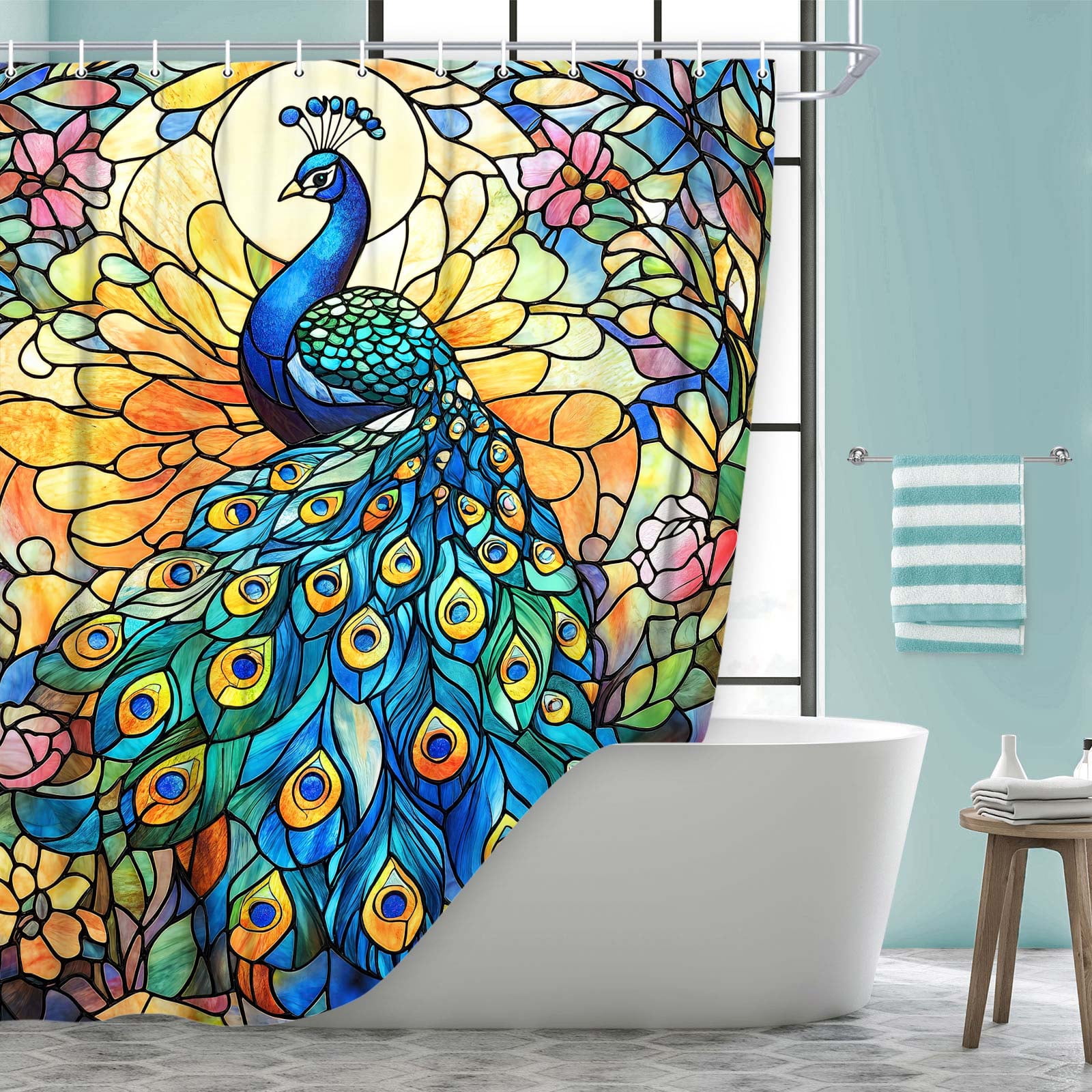 Peacock Shower Curtain,Boho Vibrant Stained Glass Design and Floral Fabric Shower Curtains Set for Bathroom Decorative,Colorful Vintage Restroom Decor Accessories with Hooks, 70X78 IN