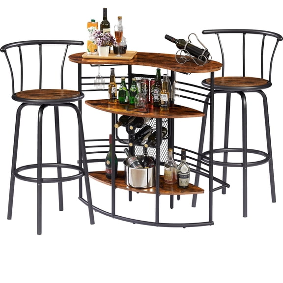 VECELO 3-Piece Pub Table Set with Bar Unit and 2 Bar Stools, Industrial Wine Rack Storage Table and Chairs Sets, Brown