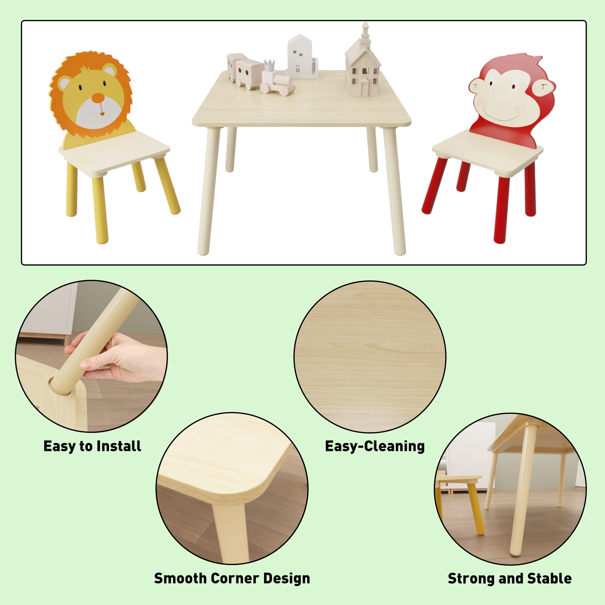 iRerts Kids Table and Chair Set, 3 Pieces Cartoon Animals Wood Kids Activity Table with 2 Chairs, Kids Play Table Set for 3-8 Year Old, Childrens Table and Chairs for Reading, Drawing, Jigsaw Puzzles