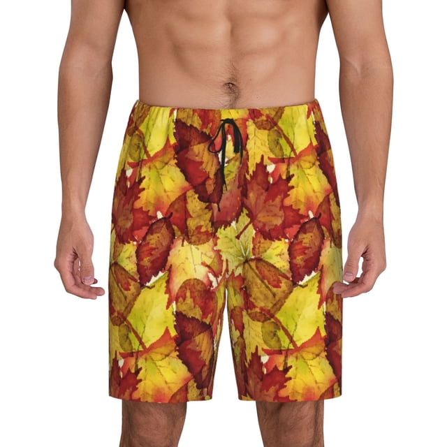 Balery Autumn Mosaic Maple Leaves Pantalones cortos de pijama de punto de algodón para hombre con cinturilla y bolsillos-3X-Large