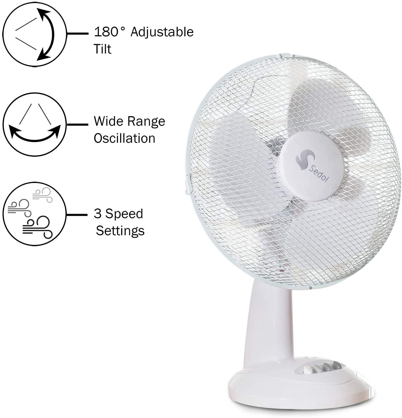 Sedol Table Fans Quiet 12 inch Air Cooling Electric Fan with Adjustable Tilt For Home Office Bedroom Desktop Portable 3 Speed Oscillating Desk Fan 