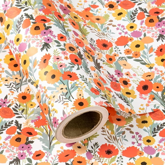 AllWays Plaza Kraft Floral Wrapping Paper Roll - Mini Roll - 17 Inch x 16.5 Feet - Bright Summer Flower Wrapping Paper, Perfect for Wedding, Birthday, Bridal Shower, Tea Party