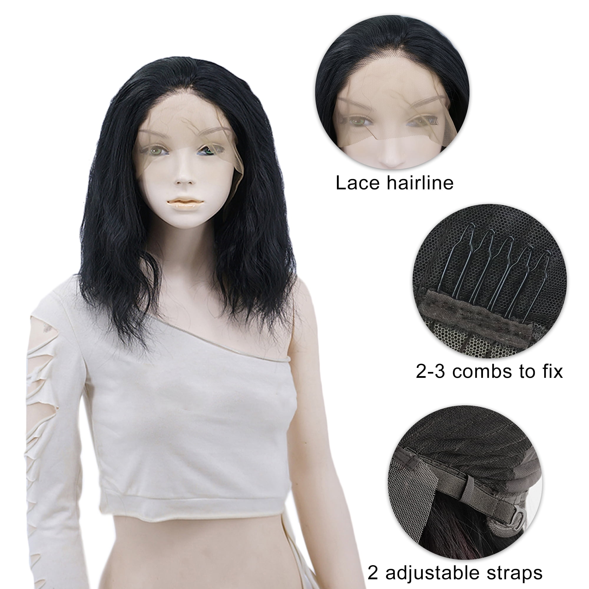 Unique Bargains Lace Front Wigs Medium Long Natural Curly for Lady Black 14" with Wig Cap