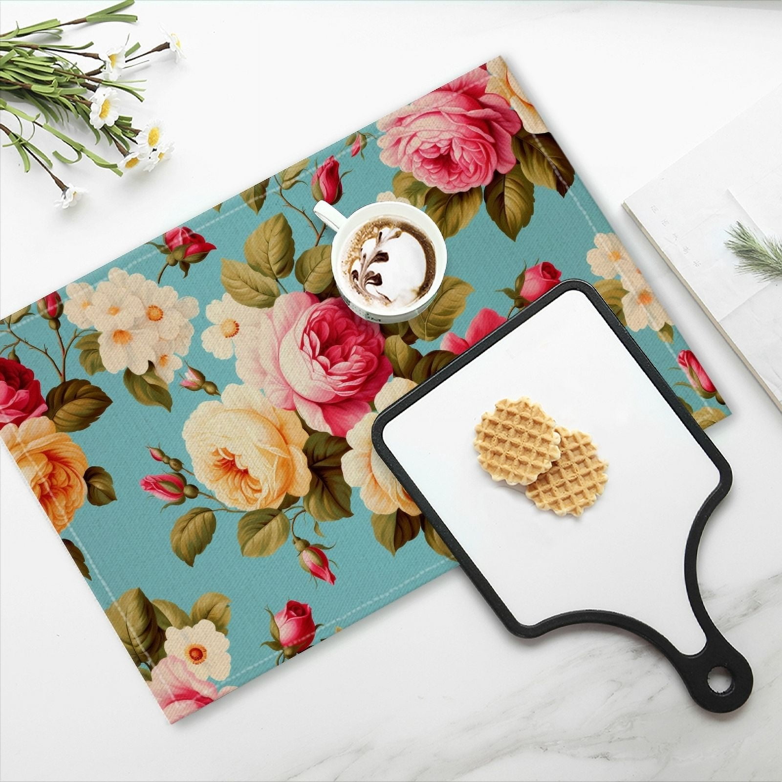 BaHomeck placemats Set of 4 rectangle Linen Cotton Placemats for Dining Table Washable Heat Resistant,18*12inch,Vintage Floral Pattern With Roses On Blue Background