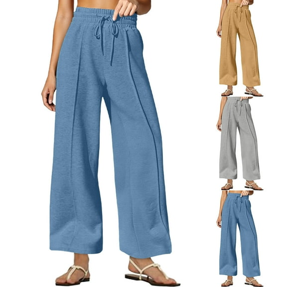 Maplenight Wide Leg Pants for Women Elastic High Waist Pleat Pant Solid Loose Casual Drawstring Trousers