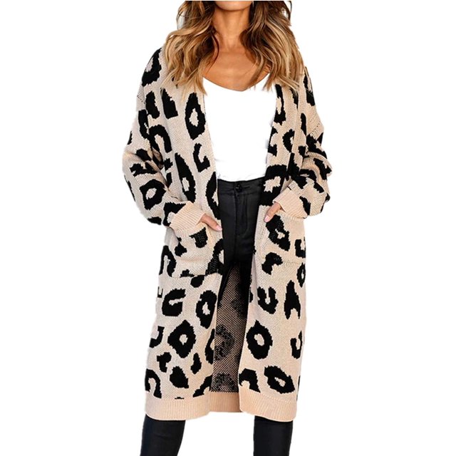 Femmes Cardigan Long Imprimé Léopard Pull en Maille à l'Avant avec Poche