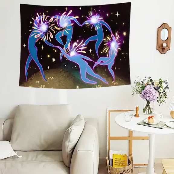 Psychedelic Dancing Figures Tapestry - Neon Glowing Abstract Silhouette Wall Hanging, Trippy Boho Decor for Bedroom, Dorm, Game Room - 37x29 Inches