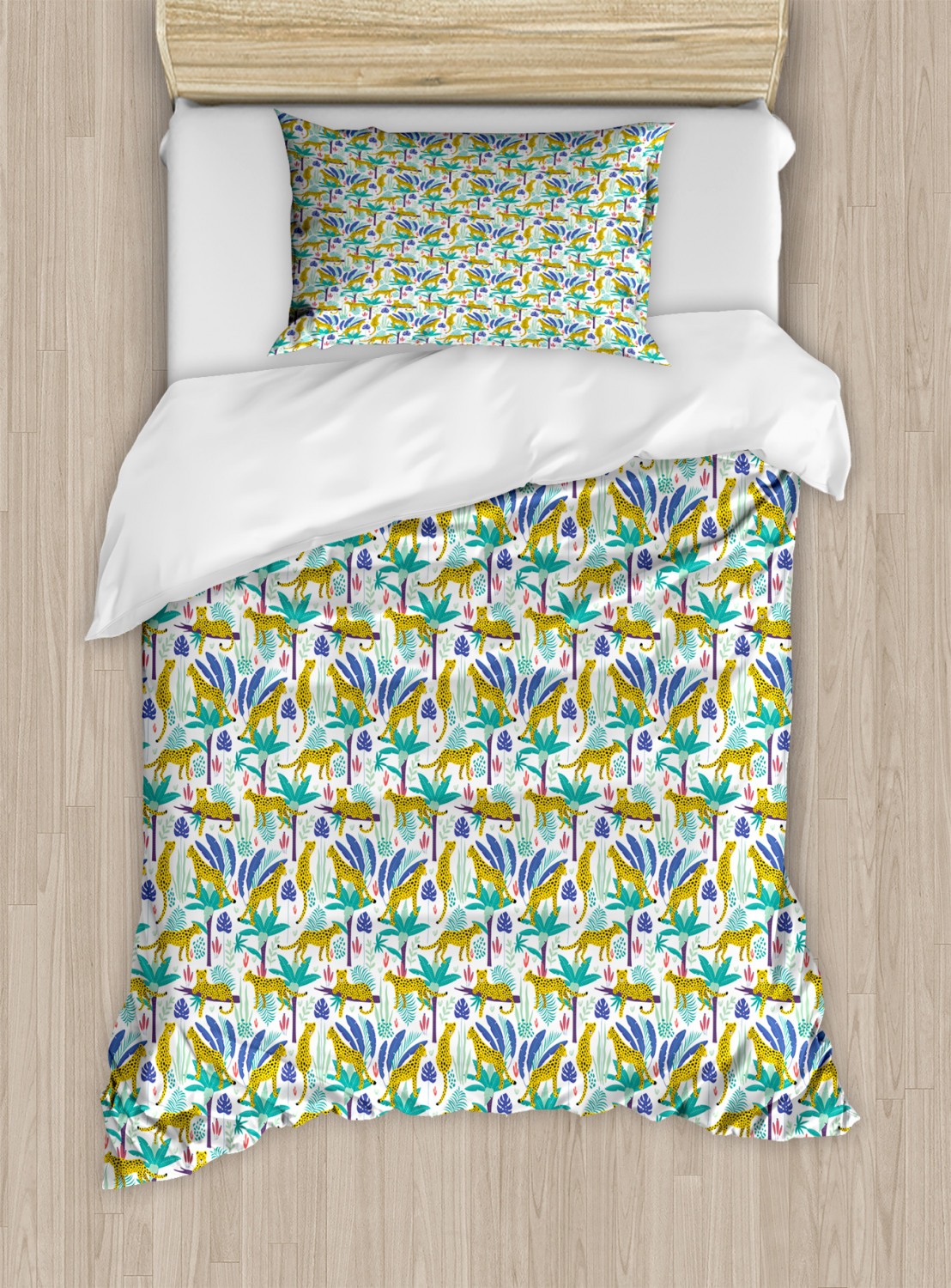 Jungle Duvet Cover Set, Colorful Continuous Pattern with Leopards and