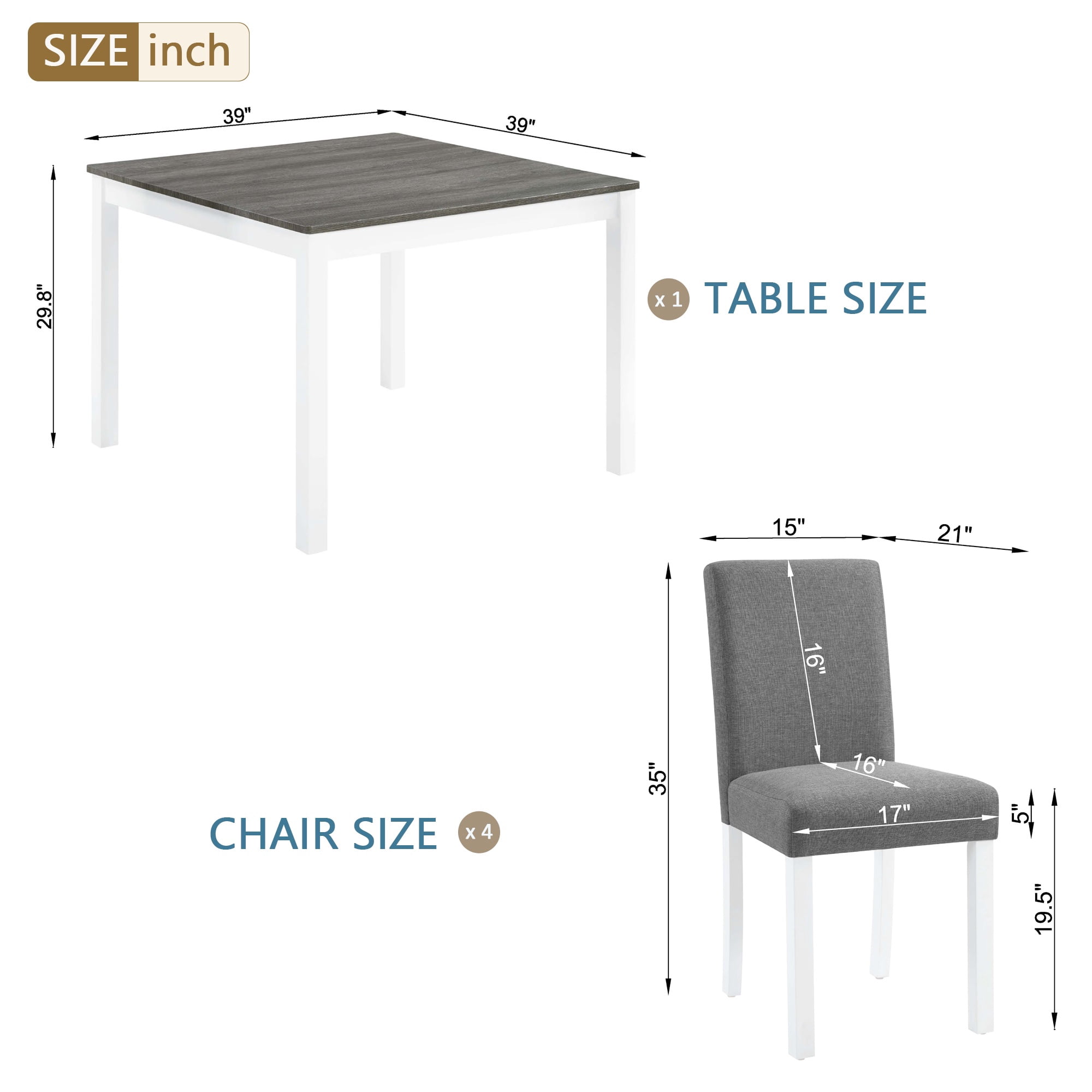 PORKISS 5 Pieces Dining Table Set, Kitchen Table with 4 Chairs, Solid Wood Dining Room Set for 4 with Upholstered Chairs, Gray + White