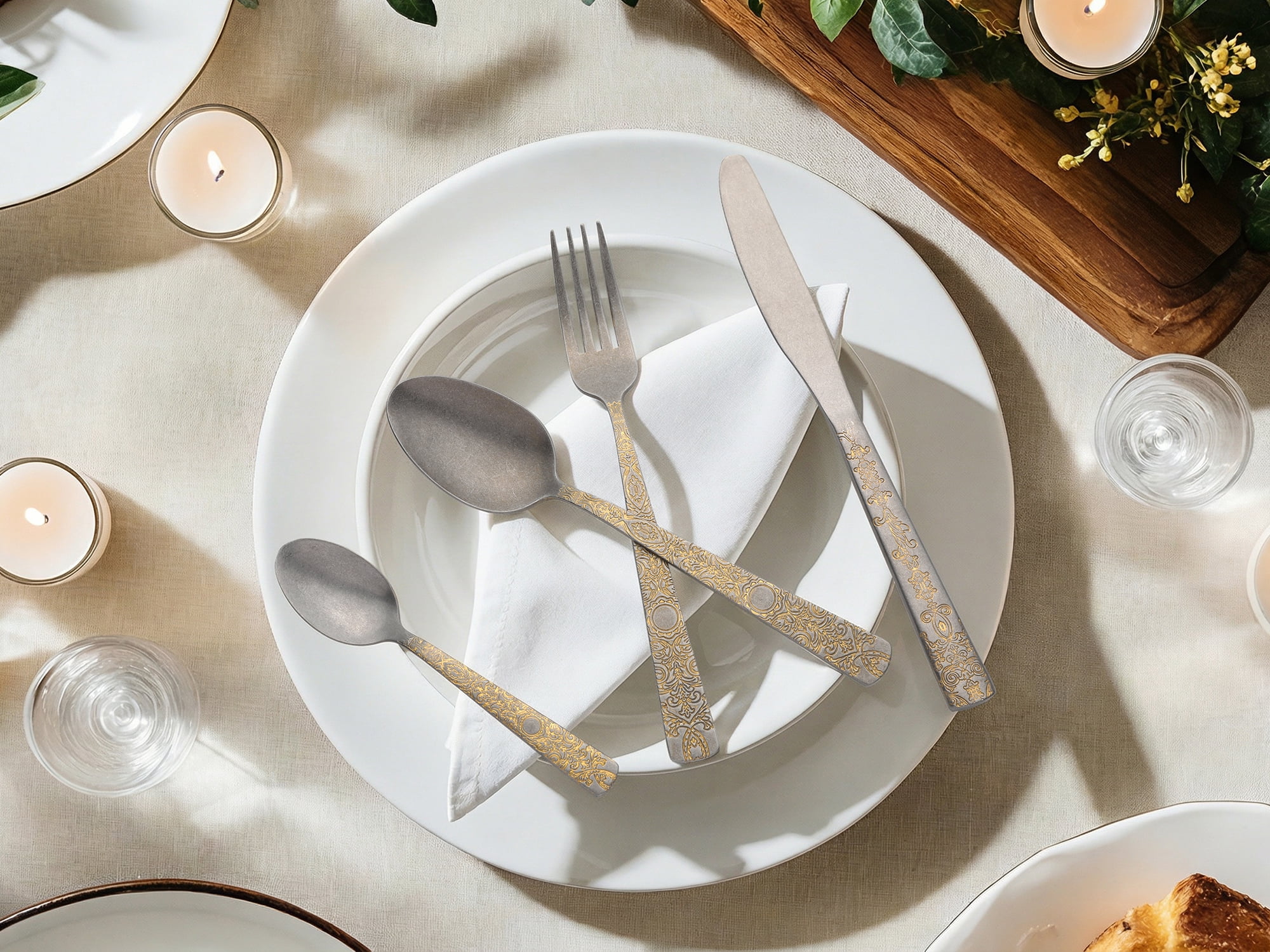 Unique Bargains Stainless Steel Floral Flatware Set for Many Occasions Retro Gold 4pcs