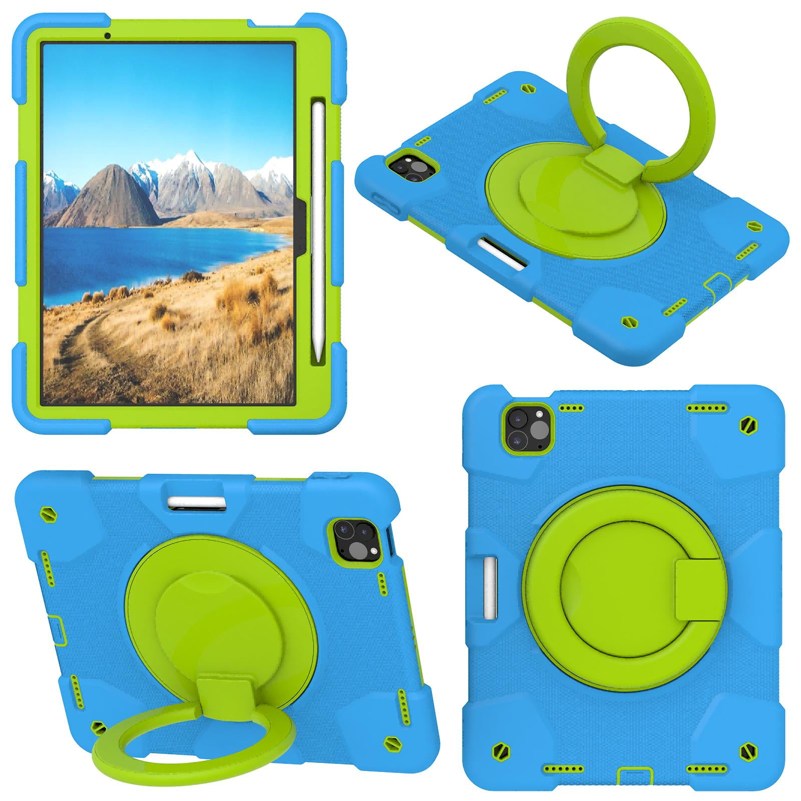 ELEHOLD Military Grade Shockproof Case For Apple iPad Air 11 (2024), Heavy Duty Protection Ring Stand Cover, Adjustable Angel, Detachable Shoulder Strap, Pencil Holder, Blue+Green