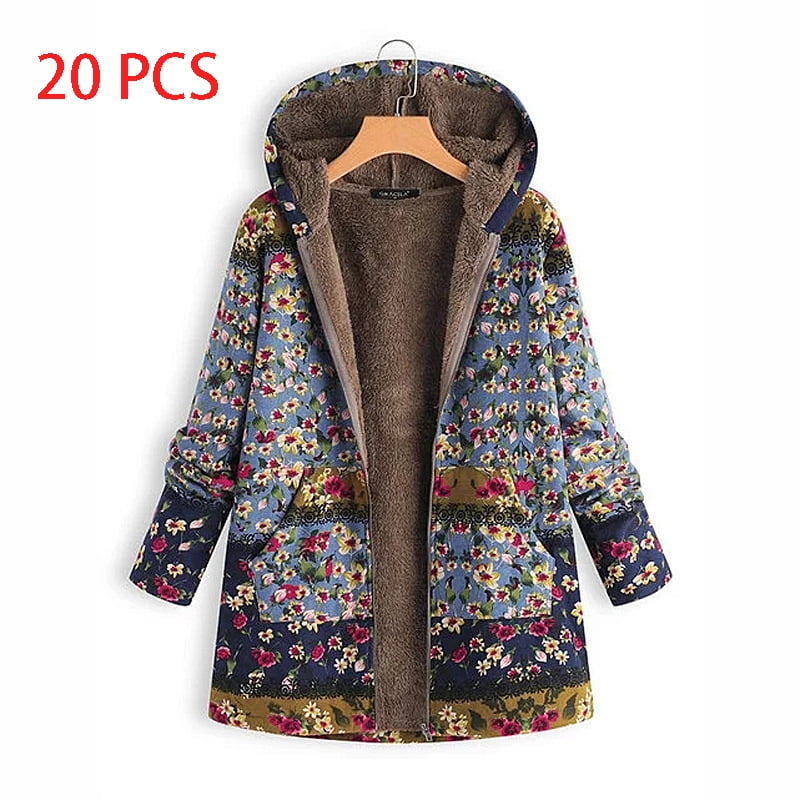Xhtang Women Winter Coat Printed Hooded Pockets Warm Fleece Floral