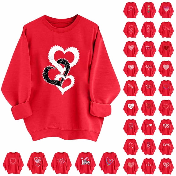 JTZGDY Fashion Valentines Tops for Women Red Sweatshirts Cute Heart Pattern Print Long Sleeve Crewneck Graphic Holiday T-Shirts Loose Oversized Casual Pullover Red#09 M
