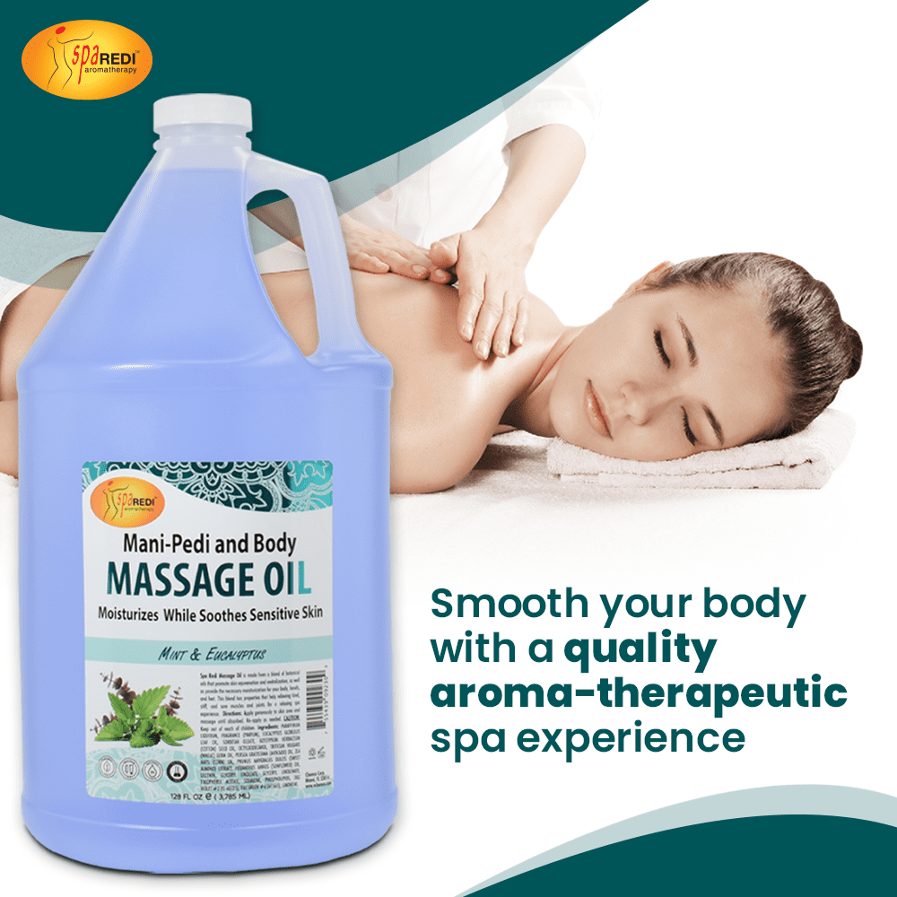 SPA REDI - Massage Oil, Mint Eucalyptus, 128 Oz - Professional Pedicure, Manicure, Body Massage Therapy, Made with Almond Oil, Cotton Seed Oil, Sunflower Oil, Avocado Oil, Essential Oils, Vitamin E