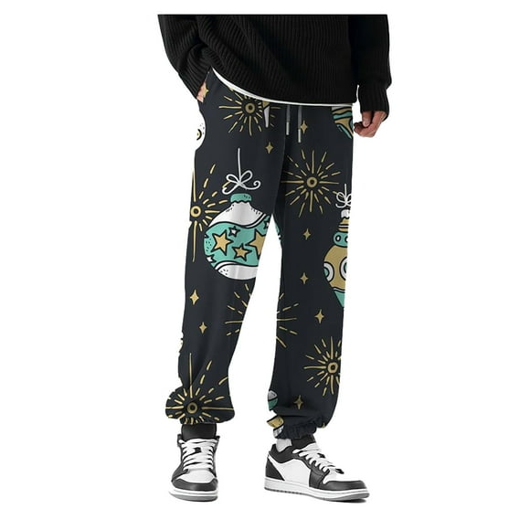 toraway Casual Pants for Men Black Men's Loose Mid Waist Christmas Print Casual Sweatpants Men M