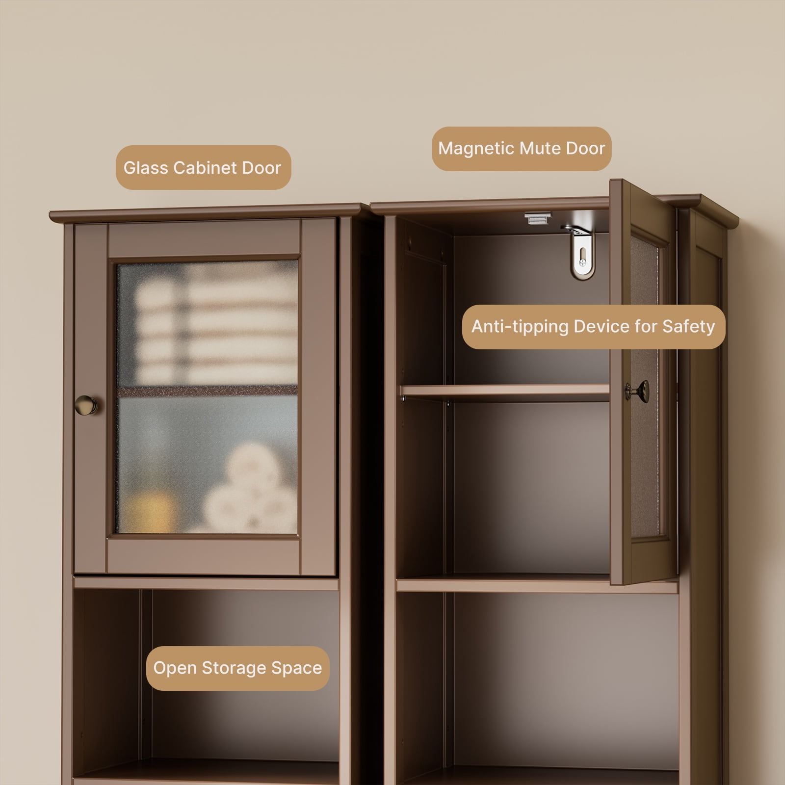 Asofer Tall Bathroom Cabinet, Storage Cabinet with Two-Way Doors, Freestanding Linen Tower, Anti-Tip, Dark Brown