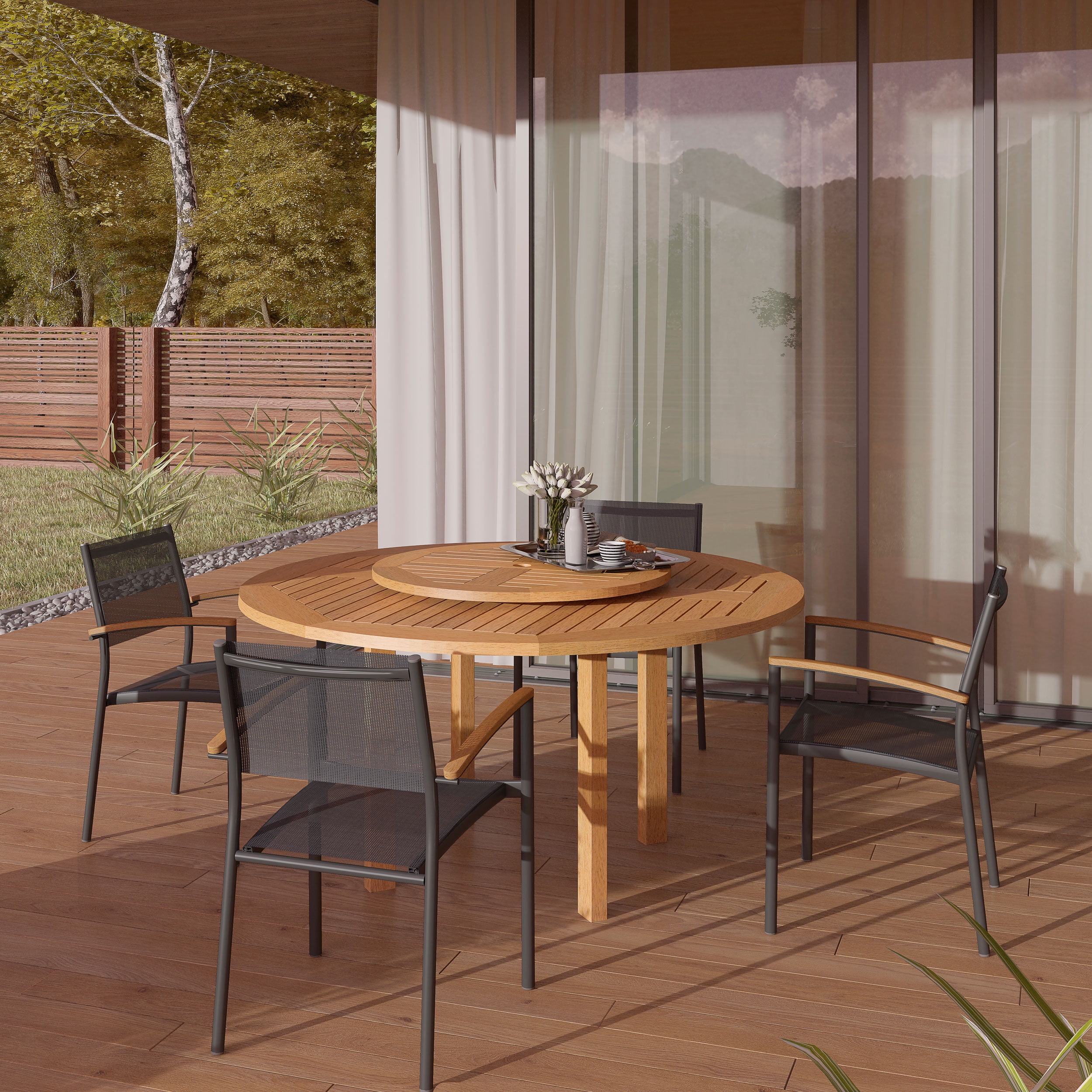 Amazonia Budapest 5 Pieces Lazy Susan Teak Finish Round Patio Dining Set