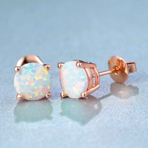2.00 Ct Round Cut Natural Opal Solitaire Stud Earrings 14K Rose Gold Finish