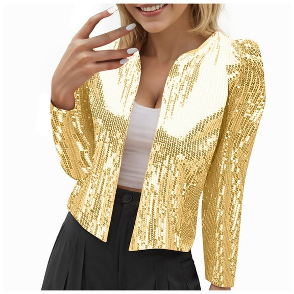 TTUHYWXI Women's Sequin Jacket Long Sleeve Open Front Blazer Glitter Sparkly Coat Party Casual Cardigan (Gold, L)