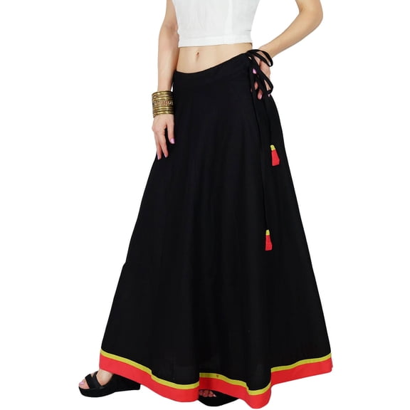 Bimba Women Long Boho Maxi Skirt Cotton Flared A-Line Skirts With Drawstring Waist