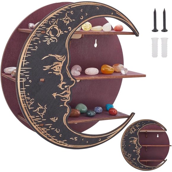 INFUNLY Moon Phrase Crystal Display Stand Wooden Wall-Mounted Moon Shelf for Crystals Wall Hanging Shelves for Bedroom Aesthetic Small Plant Art Holder Moon Phase Floating Shelf for Stones Rocks