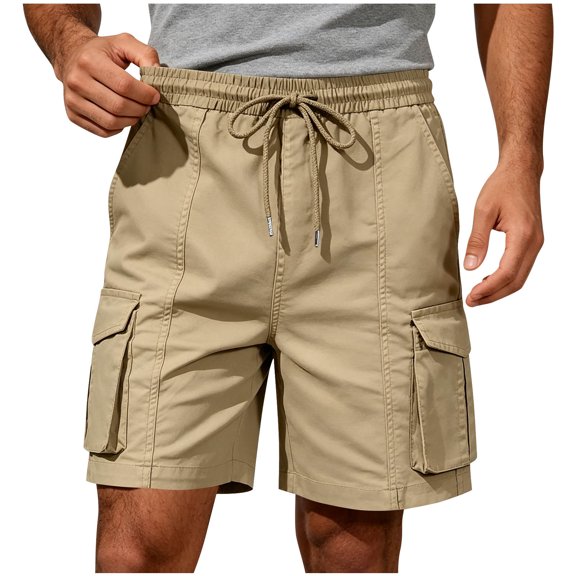 COSFO Work Men's Shorts Cargo Khaki Casual Shorts Elastic Waist Relaxed Fit with Multi Pockets Outdoor Drawstring Shorts