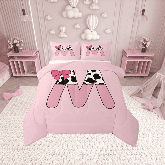 Erosebridal Initial Monogrammed Bedding Twin Comforter Set,Bowknot Cow Print Down Comforter,Breathable Reversible Bedding Sets Twin with Comforter,Kawaii Room Decorative,3pcs