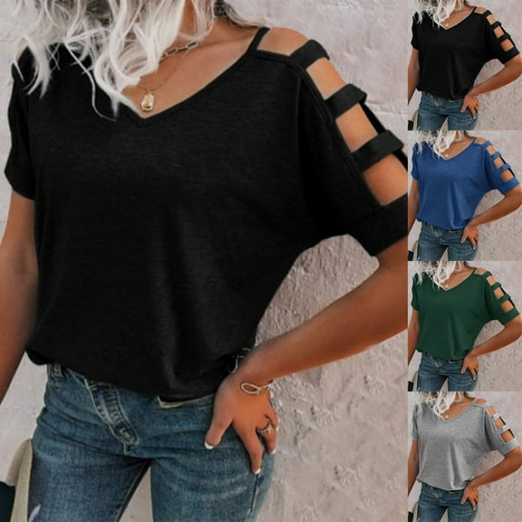 Sentmoon Womens Strappy Cold Shoulder Shirts V Neck Short Sleeve Tops Workout Casual Basic Plus Size Womens Summer Tops 2025