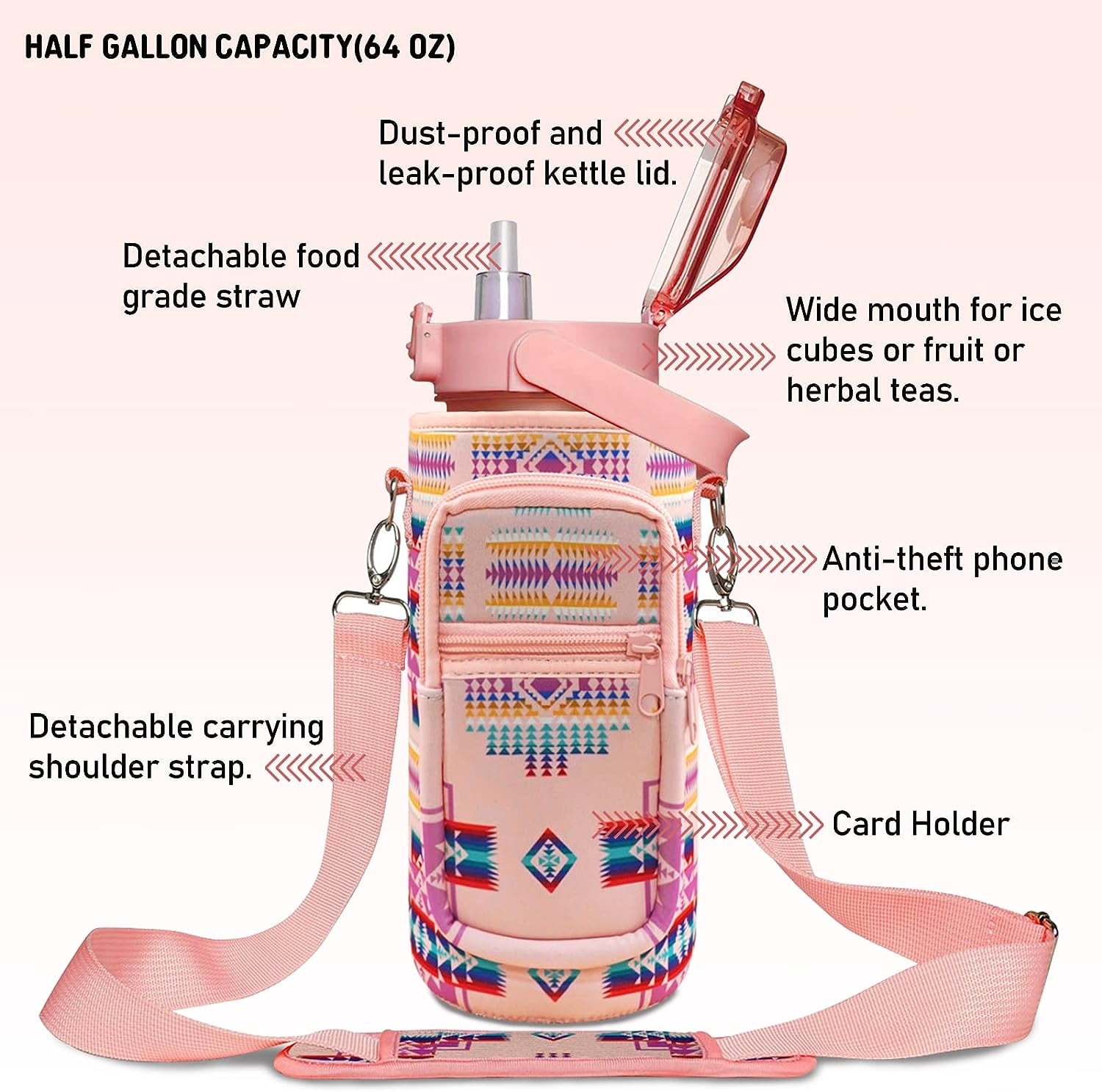 64 oz Bohemia Water Bottle with Sleeve BPA Free Half Gallon Water Jug with Straw and Time Marker, Motivational Gym Workout Pregnancy Water Bottles Gifts for Women