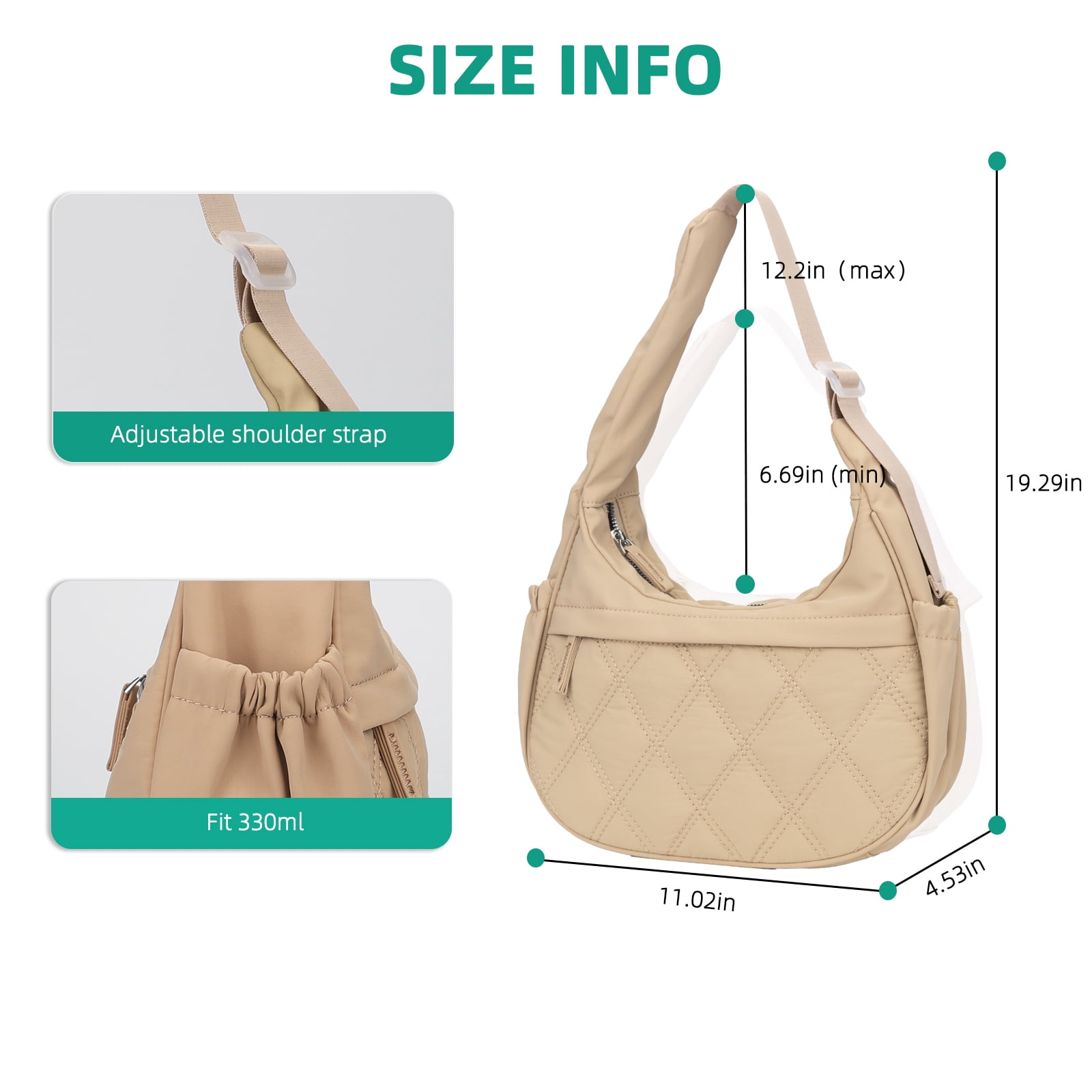 JANKS Small Puffer Crescent Shoulder Bag for Women, Nylon Quilted Puffy Crossbody Purse, Cute Hobo Shoulder Handbags （Khaki)