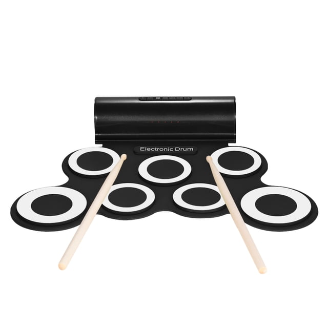Batterie Électronique Mono Portable Alimentée par USB avec 7 Pads en Silicone, Haut-Parleur et Basses Intégrés, 5 Tonalités, 8 Démos, 3 Rythmes, Entrée Casque/mp3, Fonction d'Échange Caisse Claire-Salopette, Inclut des Baguettes de Batterie,