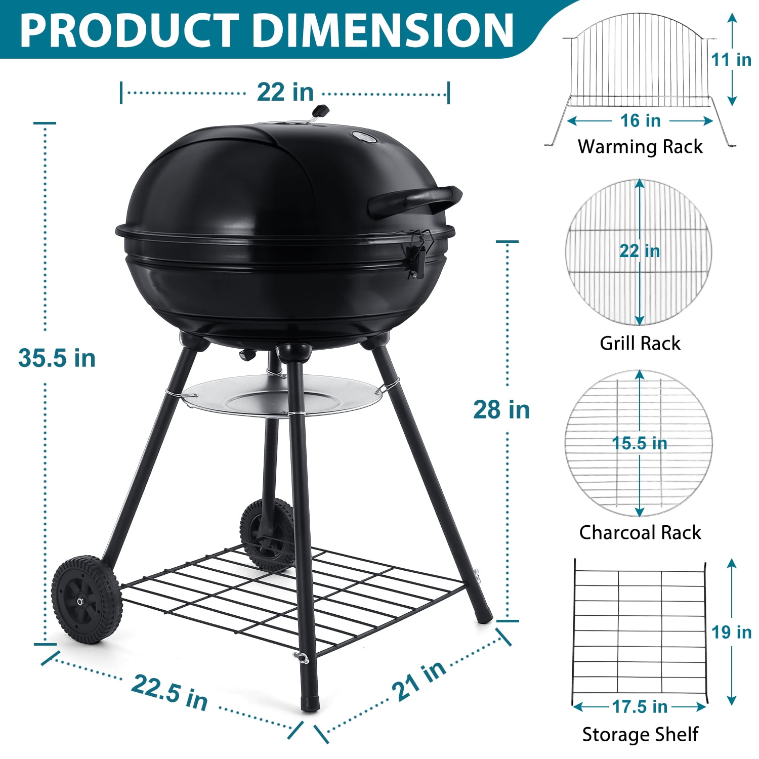 Walchoice 22 inch Charcoal Grill with Wheels & Thermometer, 2 Layer Grilling Racks Heavy Duty Barbecue Grill for Backyard Camping BBQ Cooking, Black Enamel Lid & Bowl