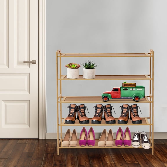 Fichiouy 5 Tier Shoe Rack Bamboo Wooden Organizer Stand Shoe Storage Shelf Entryway Furniture 16-20Pairs