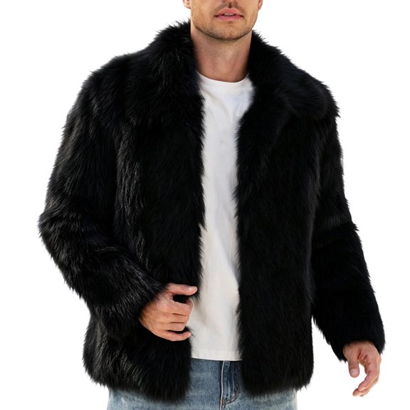 Men Cropped Fuzzy Jacket Winter Warm Coat Open Front Outerwear,Lapel Long Sleeve and Pocket Daily Casual Comfy Wear,Black,M